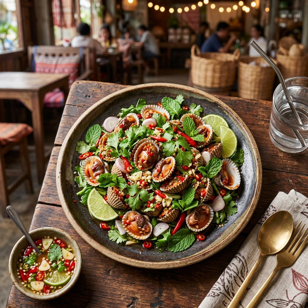 Disco Cockles — fresh blanched cockles with spicy seafood sauce