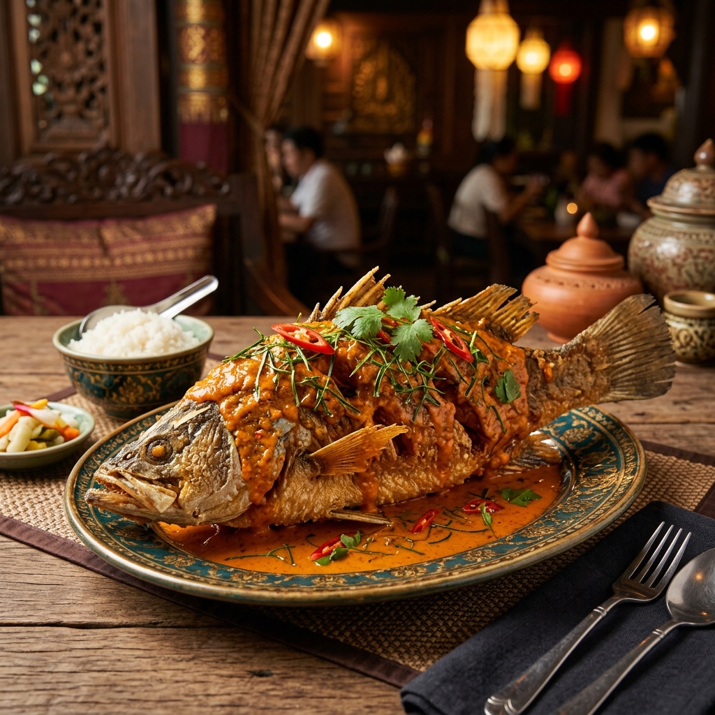 Deep-fried fish in Choo Chee curry sauce