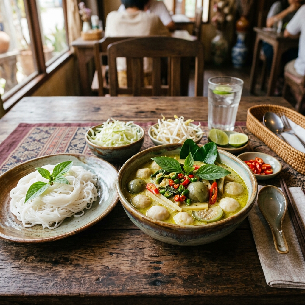 Green Curry with Fish Balls and rice noodles